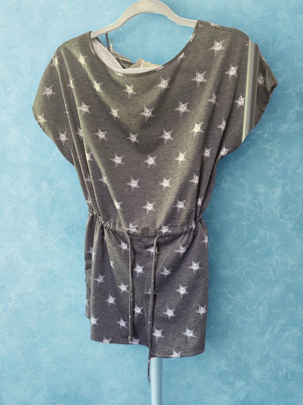 Star Print Drawstring Waist Tunic Top - Gray with White Stars